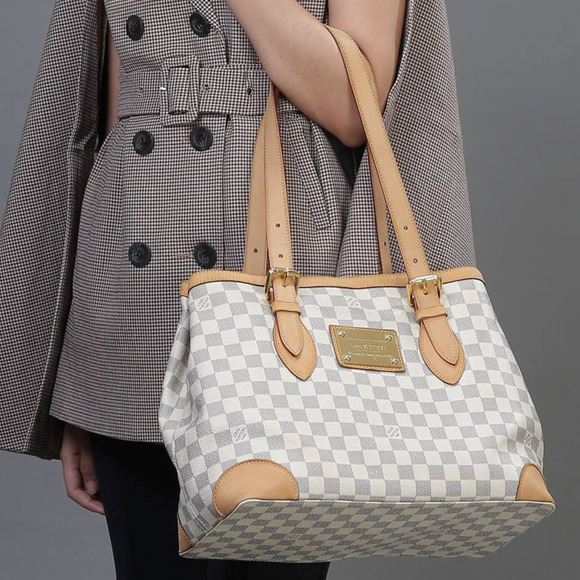 LOUIS VUITTON Authentic Women's Damier Azur Hampstead MM Tote Bag White  Leather